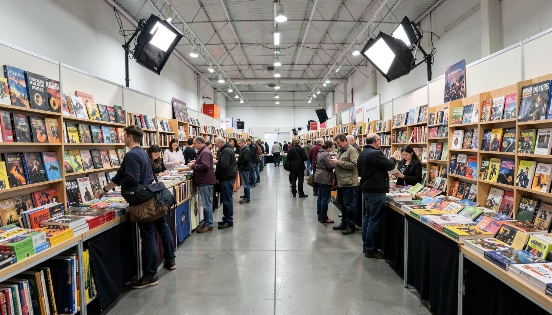 Pasillo amplio de una feria literaria con expositores repletos de libros y visitantes hojeando ejemplares