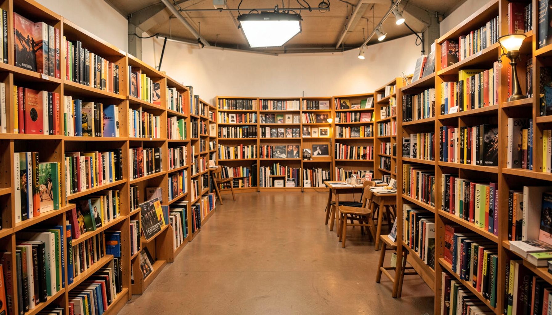 Salón de feria literaria con estanterías repletas de libros, luz cálida y ambiente acogedor de encuentro cultural