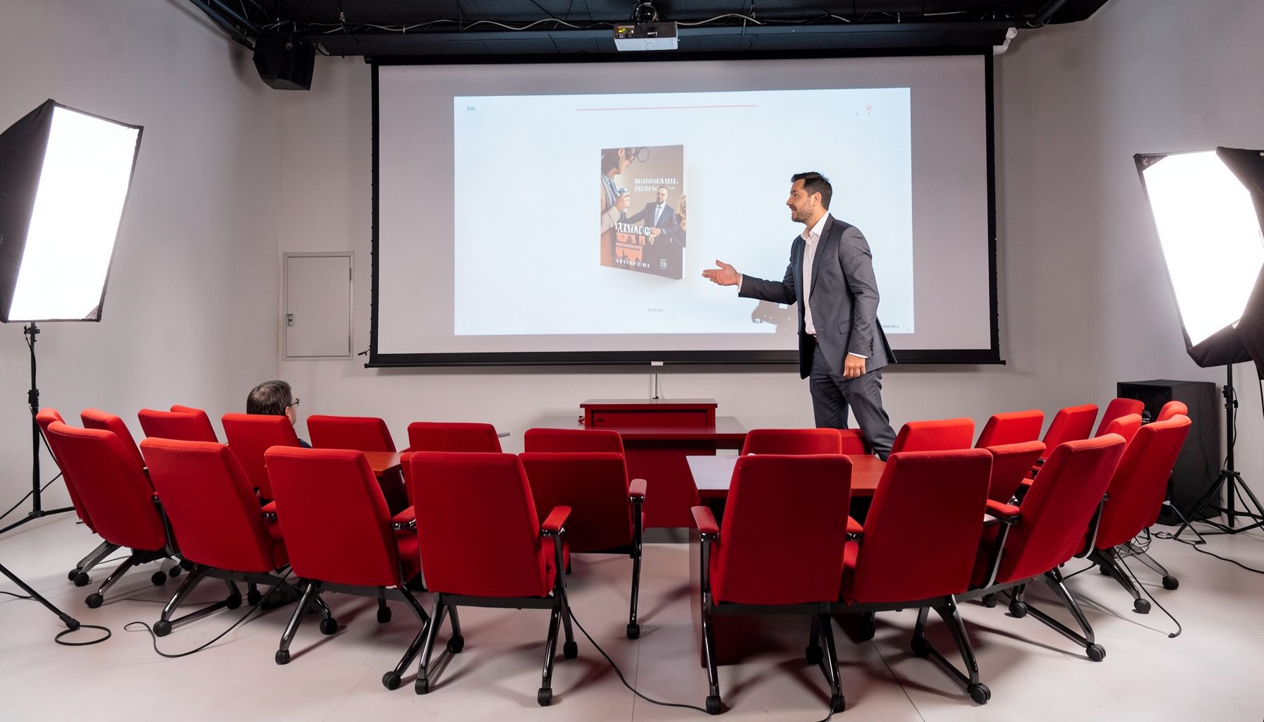 Sala de conferencias con butacas rojas, pantalla de proyección y un ponente señalando una portada de libro