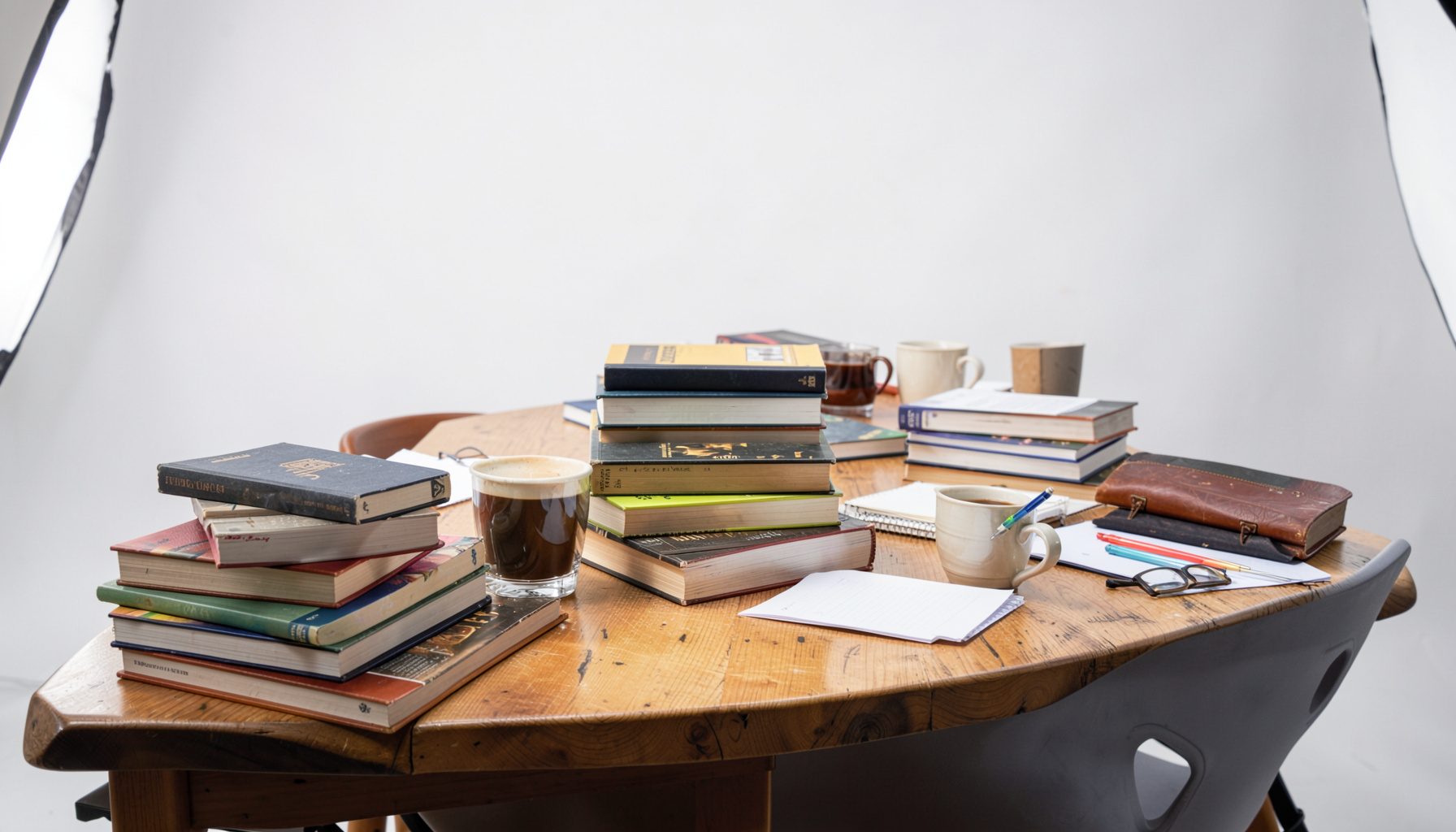 Mesa alargada con libros apilados, tazas de café y cuadernos de notas durante una reunión de club de lectura