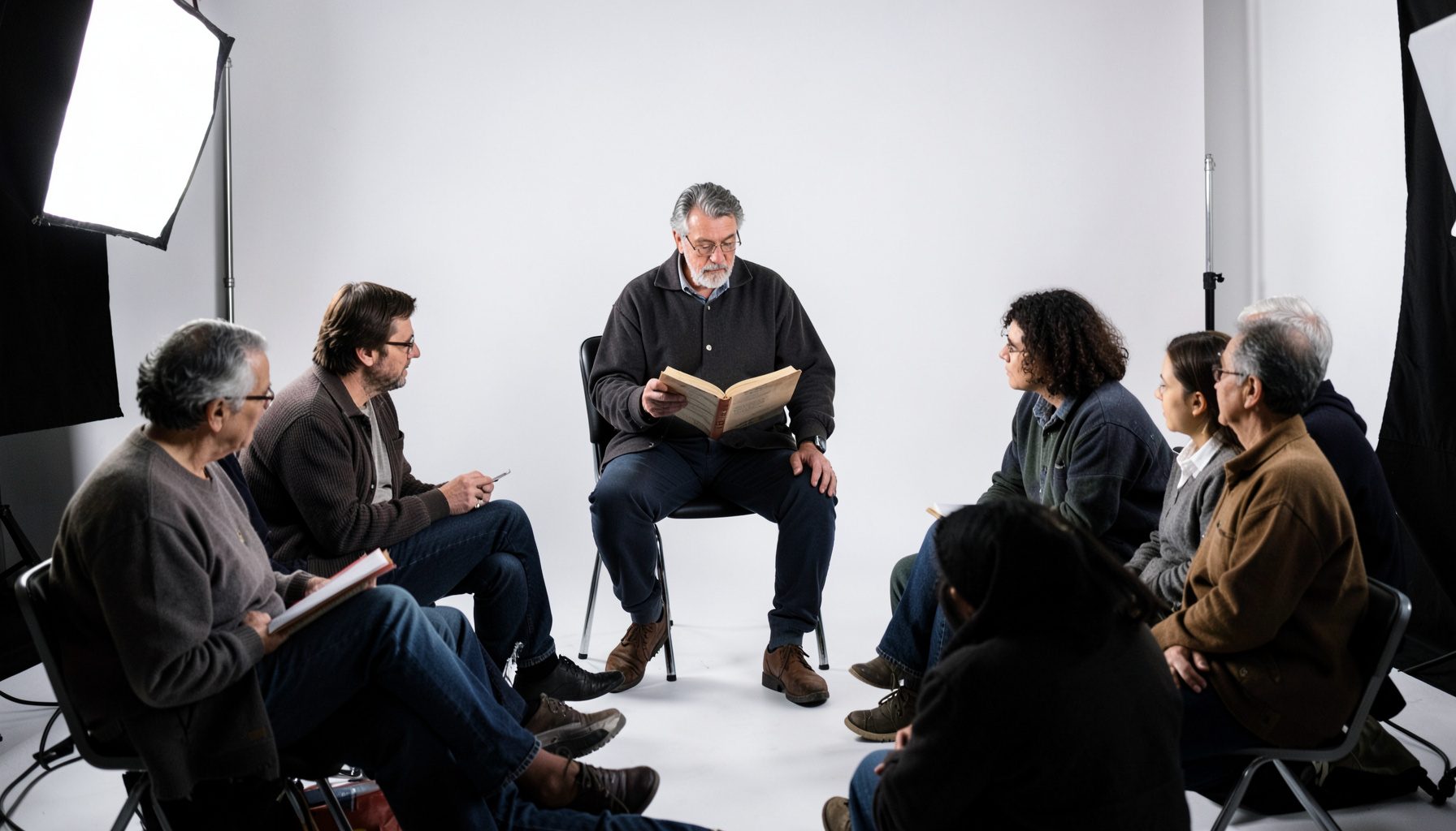 Pequeño escenario con un autor leyendo fragmentos de su obra ante un grupo reducido de asistentes sentados