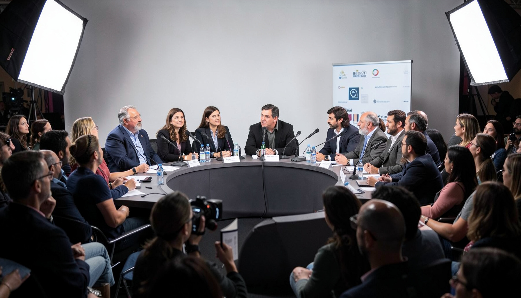 Mesa redonda en una feria del libro con micrófonos, botellas de agua y un panel de ponentes ante el público
